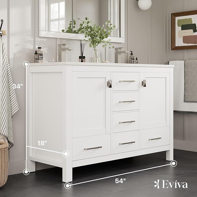 Eviva London 54 in. White Double Sink Bath Vanity with Carrara Quartz Top and Undermount Porcelain Sinks