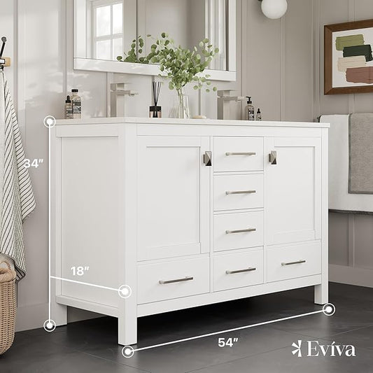 Eviva London 54 in. White Double Sink Bath Vanity with Carrara Quartz Top and Undermount Porcelain Sinks