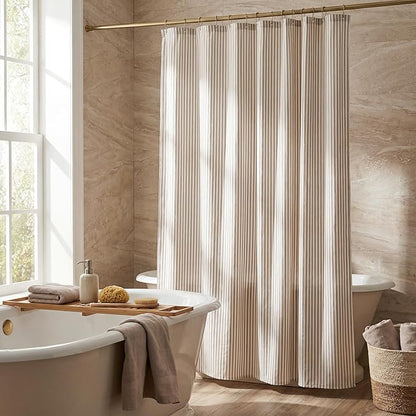 Stripe Cotton Toile Shower Curtain Ticking Stripes Woven Print Curtain Bathroom Decor for Traditional and Contemporary Style Kitchen Bath Home (Brown and White,72 x 72 Inches,Stripe)