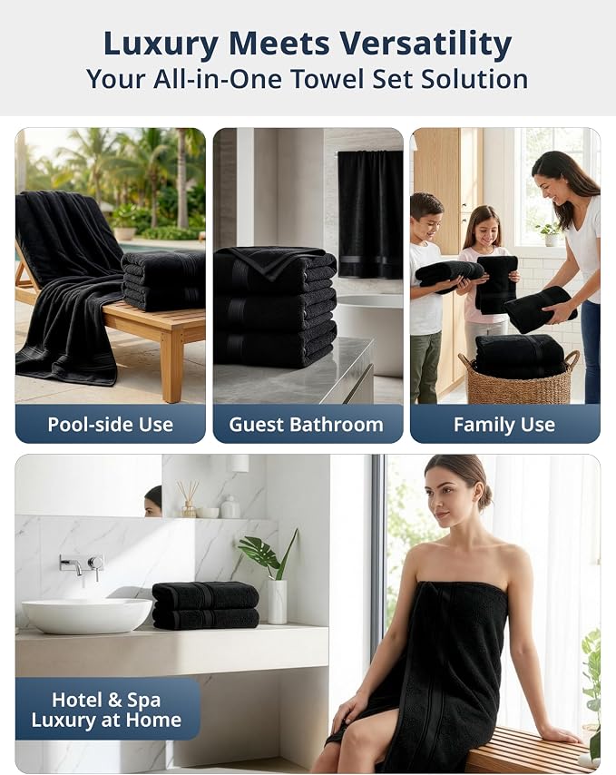 LANE LINEN Bath Towel Set 100% Cotton 4 Piece Soft Absorbent - Black | Cotton Towels For Bathroom - Zero-Twist Cotton, Terry Weave Comfort, Long-Lasting Comfort, Hotel-Style Look