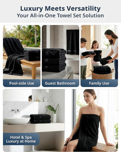 LANE LINEN Bath Towel Set 100% Cotton 4 Piece Soft Absorbent - Black | Cotton Towels For Bathroom - Zero-Twist Cotton, Terry Weave Comfort, Long-Lasting Comfort, Hotel-Style Look