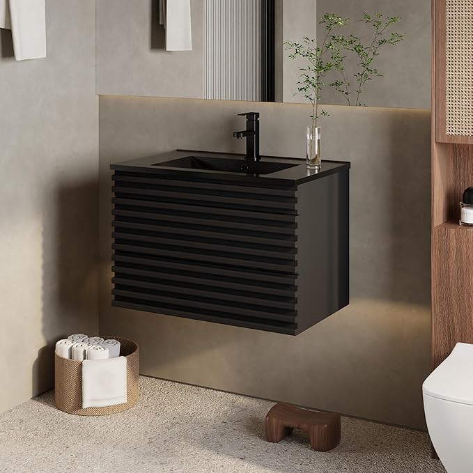 eclife 30" Floating Bathroom Vanity with Sink Combo, Mid-Century Wall Mounted Cabinet with Wood Stripes Decor, Drawers, Undermount Single Black Sink, Faucet, Drain, Black