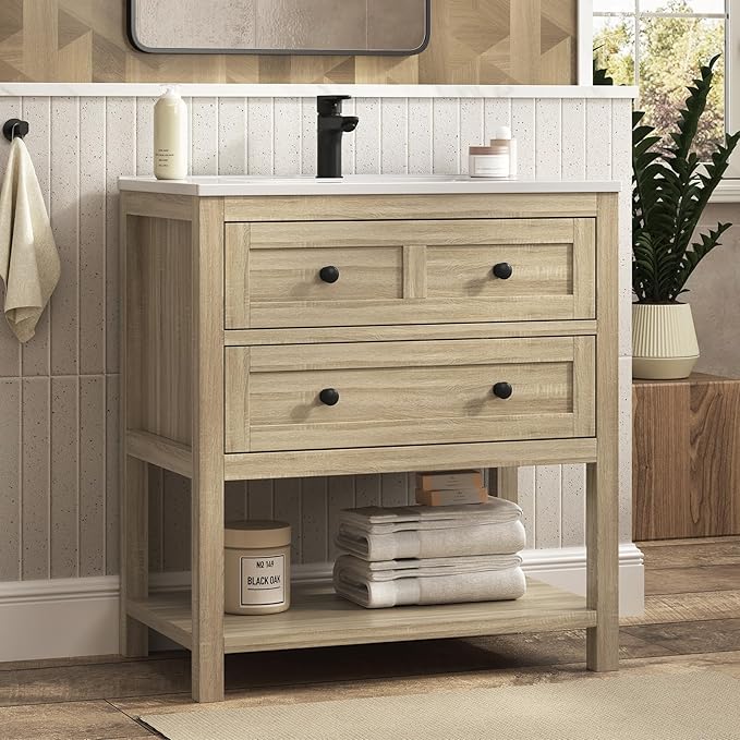 30 Inch Bathroom Vanity with Sink, Farmhouse Storage Cabinet with Drawers & Open Storage Shelf, Easy Assembly, Adjustable Feet, Oak