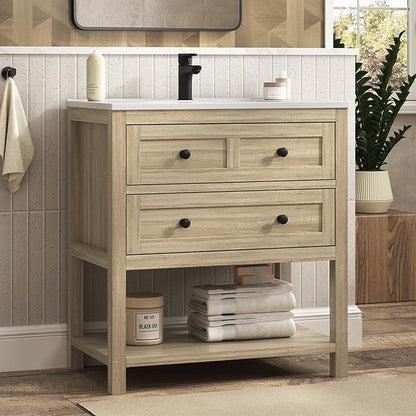 30 Inch Bathroom Vanity with Sink, Farmhouse Storage Cabinet with Drawers & Open Storage Shelf, Easy Assembly, Adjustable Feet, Oak