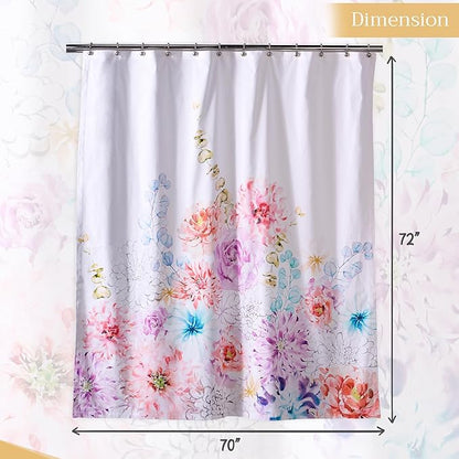 Maison d' Hermine Shower Curtain 100% Cotton One Panel 70"x72" Washable Fabric Shower Curtains for Bathroom, Easy Hanging with 12 Button Holes - Home Hotel Spa Easter Gifts (Floral - White)