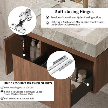 LKTART Floating 30 Inch Bathroom Vanity with Sink, Modern Plywood Wall Mounted Bathroom Storage Cabinet with 1 Door and 1 Drawer, Roma Travertine-Pattern Sintered Stone Countertop and Ceramic Basin