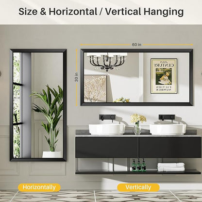 60x28 Inch Black Bathroom Mirror for Wall, Thick Metal Framed Rectangle Mirrors for Over Sink, Bedroom, Living Room, Entryway, Anti-Rust, HD Tempered Glass