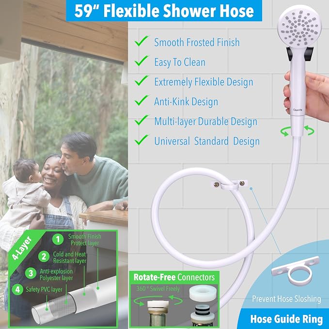 RV Shower Head with Hose and On Off Switch (Trickle), Water Saving High Pressure Shower Head with Hose Guide Ring, Shower Holder for RV, Camper, Van, Travel Trailer, Motorhome, Boat, White
