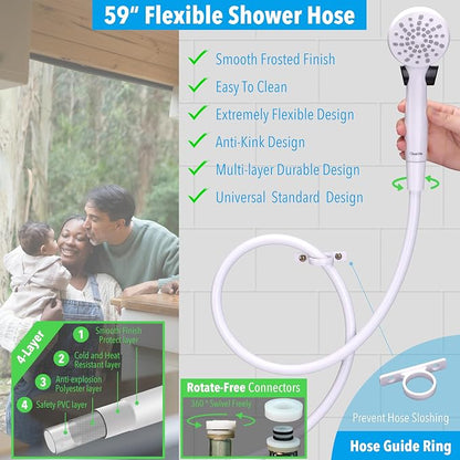 RV Shower Head with Hose and On Off Switch (Trickle), Water Saving High Pressure Shower Head with Hose Guide Ring, Shower Holder for RV, Camper, Van, Travel Trailer, Motorhome, Boat, White