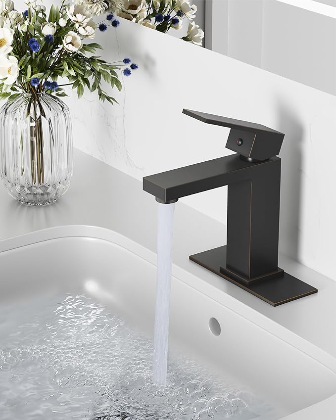 Midanya Bathroom Faucets 1 Hole, Single Handle Stainless Steel Bathroom Sink Faucet, Modern Vanity Faucets with Deck Plate,Water Supply Hoses and Pop Up Drain,Oil Rubbed Bronze