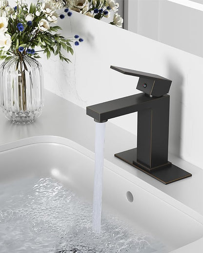 Midanya Bathroom Faucets 1 Hole, Single Handle Stainless Steel Bathroom Sink Faucet, Modern Vanity Faucets with Deck Plate,Water Supply Hoses and Pop Up Drain,Oil Rubbed Bronze