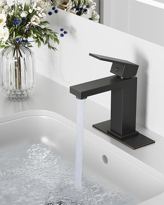 Midanya Bathroom Faucets 1 Hole, Single Handle Stainless Steel Bathroom Sink Faucet, Modern Vanity Faucets with Deck Plate,Water Supply Hoses and Pop Up Drain,Oil Rubbed Bronze