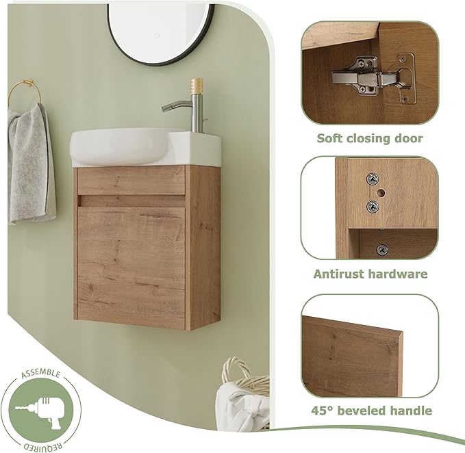 16" Bathroom Vanity with Sink, 16 Inch Floating Bathroom Vanity for Small Space, Modern Bathroom Vanity, Brown Wall Mounted Cabinet Set (029, IMOX.16''W x 12''D)
