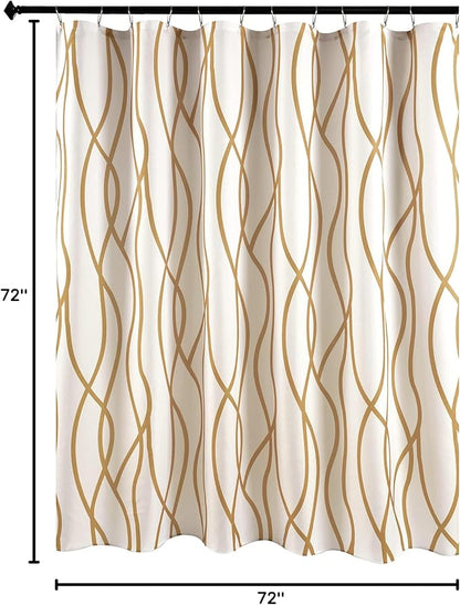 Fabric Modern Shower Curtain-Gold and White Shower Curtains for Bathroom | 72"W x 72"L Textured Faux Linen Luxury Hotel Quality Washable-Abstract Wavy Cloth Bath Curtain-Apartment Minimalist Decor