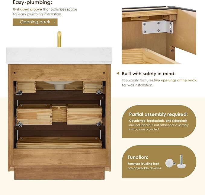 ALTAIR Bathroom Vanity 30 Inch with Sink Mordern Freestanding Single Vanities Brown Large Storge Cabinet with Backsplash Sidesplash Ceramic Countertop Pre-Assembled Bath Fixtures