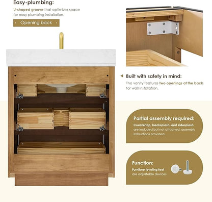 ALTAIR Bathroom Vanity 30 Inch with Sink Mordern Freestanding Single Vanities Brown Large Storge Cabinet with Backsplash Sidesplash Ceramic Countertop Pre-Assembled Bath Fixtures