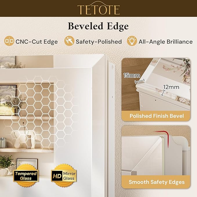 TETOTE 24 x 32 Bathroom Mirror with Storage with Tempered Beveled Mirror White Medicine Cabinet Aluminum Cabinet DTC Hinges, Stepless Adjustable Shelves, Recessed/Surface-Mounted