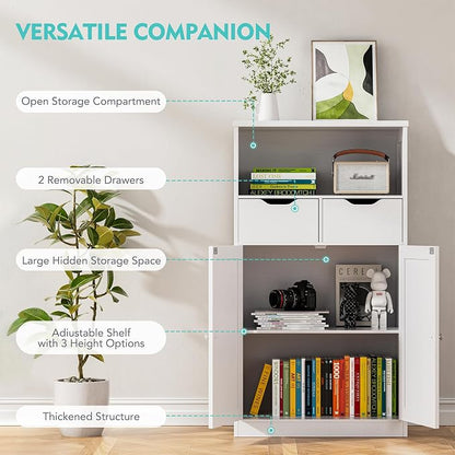 Vongrasig Bathroom Storage Cabinet, 42.5" H Freestanding Floor Cabinet | Wooden Modern Cabinet with 2 Drawers, Open Shelf and Adjustable Shelf for Bathroom, Laundry Room and Entryway, White