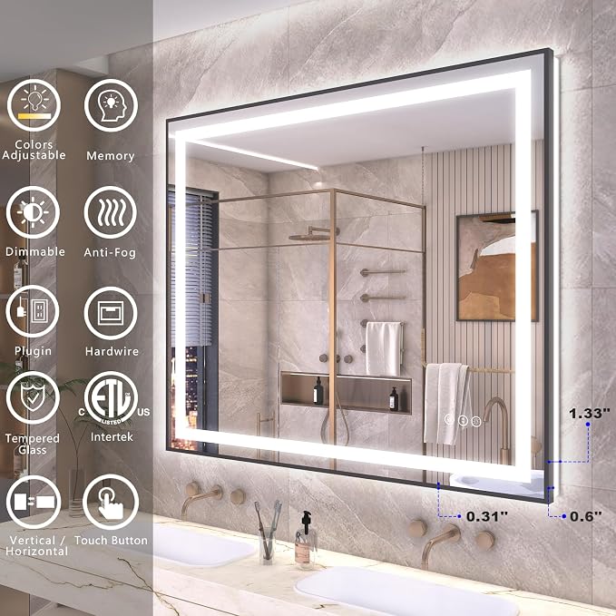 OKPAL LED Bathroom Mirror with Black Metal Frame, 40x24 Lighted Mirrors for Bathroom Wall, Front and Backlit Lighted Bathroom Mirror, Dimmable, Anti-Fog, ETL Listed, Horizontal/Vertical