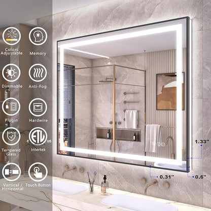 OKPAL LED Bathroom Mirror with Black Metal Frame, 40x24 Lighted Mirrors for Bathroom Wall, Front and Backlit Lighted Bathroom Mirror, Dimmable, Anti-Fog, ETL Listed, Horizontal/Vertical