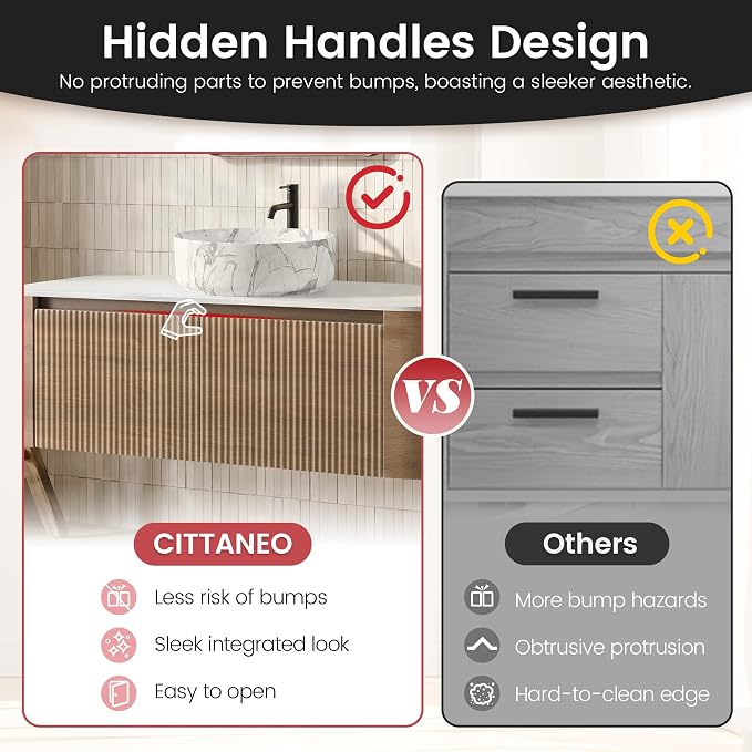 48" Floating Bathroom Vanity with Carrara Finish Sink, Honey Oak | Pre-Assembled Fluted Wall Mounted Vanity with Ceramic Vessel Sink, Rounded Edges, Soft-Close Drawer & Towel Rack