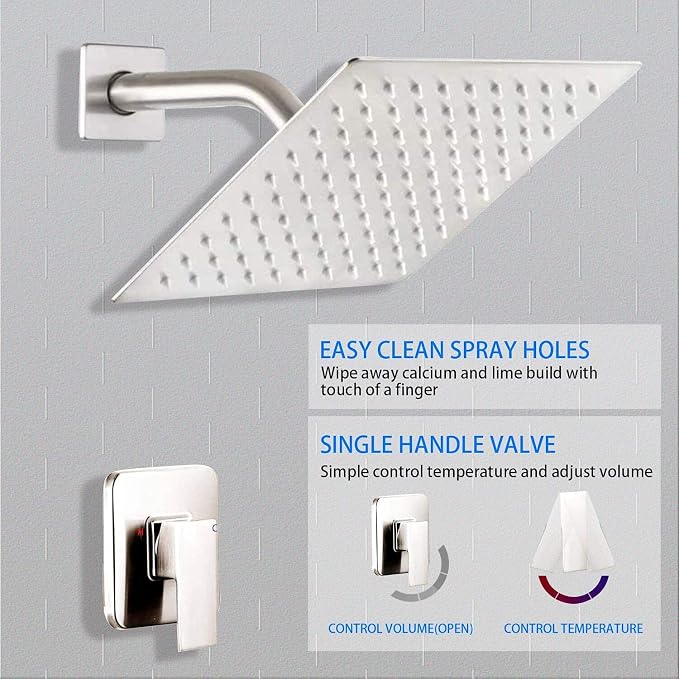 Brushed Nickel Shower Faucet GGStudy Single Function Shower Trim Kit with Rough-in Valve Shower Set Bath Rainfall Shower Faucet System 8inch Square Stainless Steel Metal Shower Head