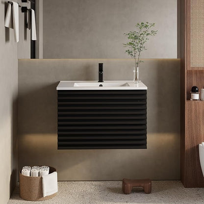 eclife 30" Floating Bathroom Vanity with Sink Combo Mid-Century Wall Mounted Cabinet with Wood Stripes Decor, Drawers, Undermount Single Sink, Faucet, Drain, Black