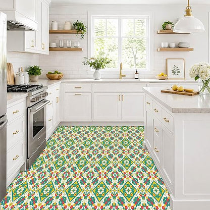 Teal Yellow Floral Peel and Stick Floor Tiles 12x12 Inch 10PCS | Teal yellow orange floral geometric pattern vinyl floor stickers for kitchen bathroom entryway and indoor home decor