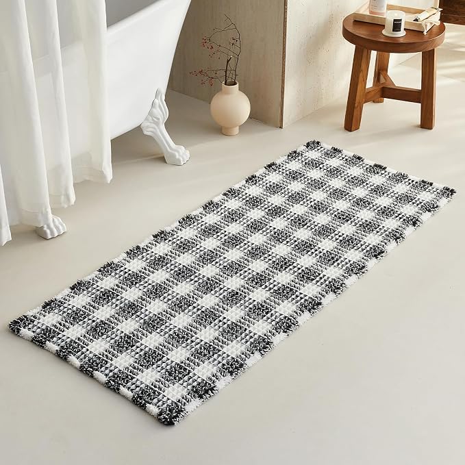 TYUU Waffle Runner Rug Bathroom, Long Boho Bath Mat, 60x24 Black & White | Super Absorbent Quick Dry Bath Rug, Non-Slip Backing, Soft Waffle Washable Farmhouse Bathroom Mats, Tub, Shower & Home Decor
