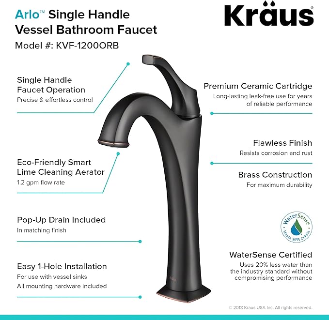 KRAUS KVF-1200ORB Arlo Single Handle Vessel Bathroom Faucet with Pop Up Drain, Oil Rubbed Bronze