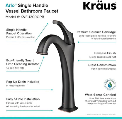 KRAUS KVF-1200ORB Arlo Single Handle Vessel Bathroom Faucet with Pop Up Drain, Oil Rubbed Bronze