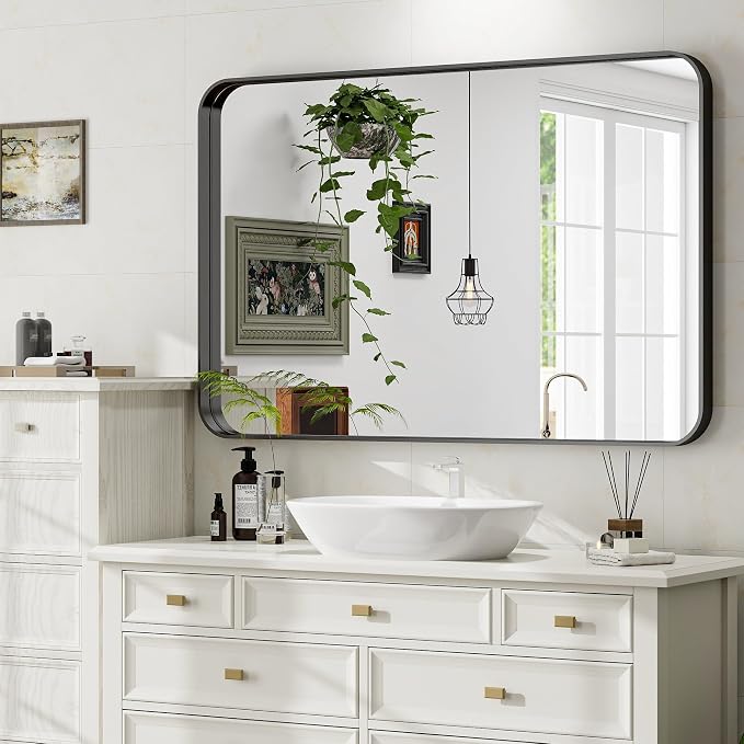 Easly 30"x40" Black Bathroom Mirror - Modern Mirror for Wall with Rounded Corners. Bathroom Mirrors for Vanity, Aluminum Alloy Framed Mirror Portrait or Landscape Hang, Rectangle Mirrors