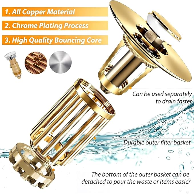 Anlige 3 in 1 Pop Up Bathroom Sink Stopper, Bathroom Sink Drain Strainer with Removable Basket Hair Catcher, Universal Sink Plug Cover for 1.06 in to 1.6 in Drain, Brushed Gold