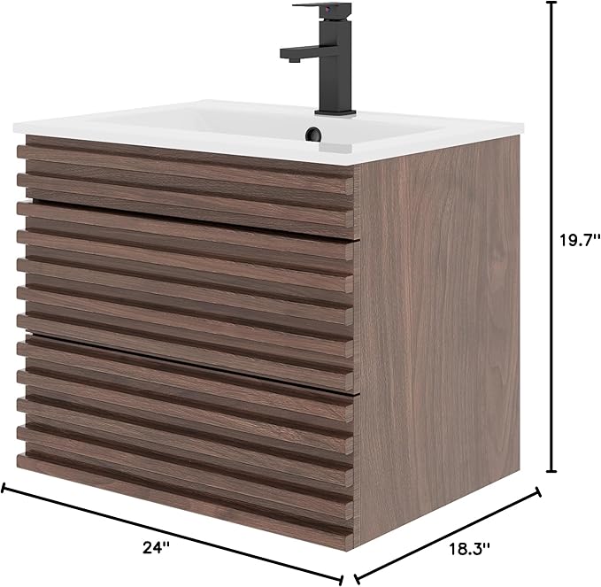 LUCKWIND 24" Floating Bathroom Vanity with Sink, Mid-Century Wall Mounted Big Drawer Cabinet with Ceramic Sink, Water Saving Faucet and Wood Stripes Style, Walnut