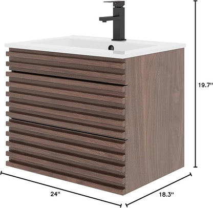 LUCKWIND 24" Floating Bathroom Vanity with Sink, Mid-Century Wall Mounted Big Drawer Cabinet with Ceramic Sink, Water Saving Faucet and Wood Stripes Style, Walnut