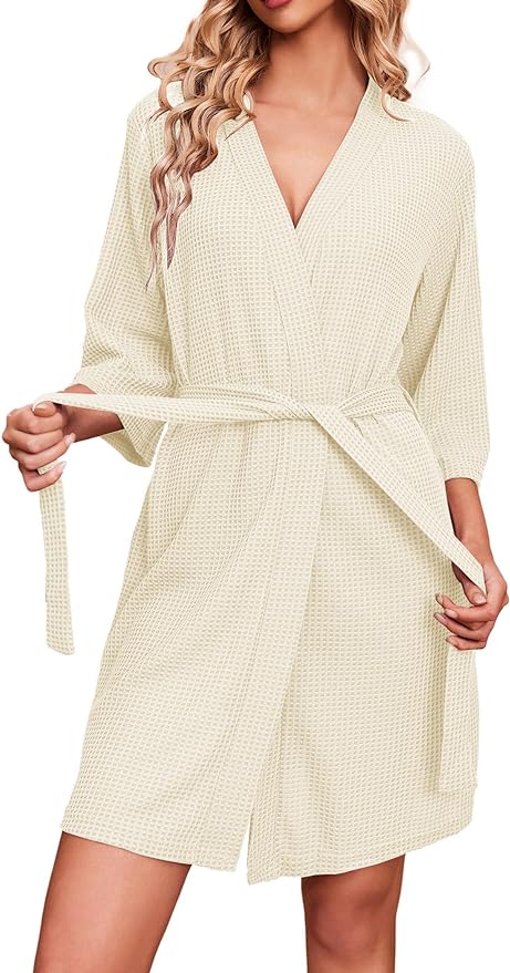 Ekouaer Robes for Women Waffle Knit Bathrobe Soft Lightweight Knee Length Loungewear S-XXL