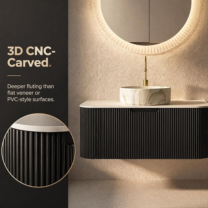 36 Inch Bathroom Vanity with Sink, Floating Wall Mounted Single Sink Vanity, Black Curved Fluted Front, Stone Top, Marble-Look Round Vessel Basin, Pre-Assembled
