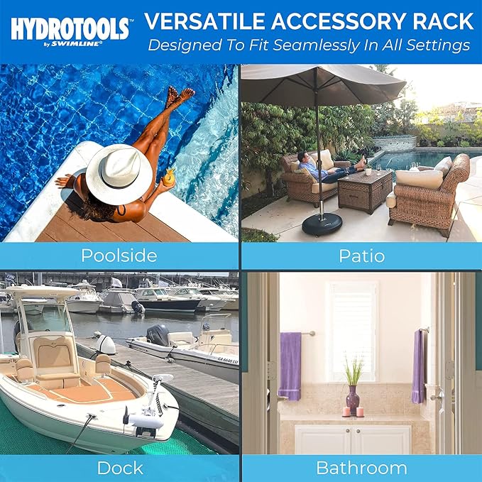 Swimline HYDROTOOLS 89033 Premium Free Standing Poolside Valet Towel Rack Adjustable with Water Weighted Base Three Arms Secure Clips for Outdoors & Indoors Pool Patio Poolside Holder Drying Stand | Holds towels plus goggles and gear on integrated lock...