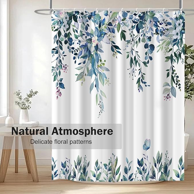 Dark Blue Floral Eucalyptus Shower Curtain with Hooks, 72x72 Inch | Waterproof Fabric, Watercolor Leaves and Floral, Botanical Style, Machine Washable, Quick-Drying, for Hotel Bathroom