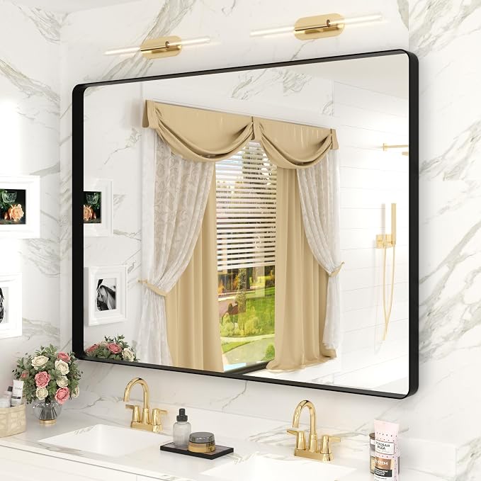 48x36 Inch Matte Black Bathroom Mirror for Wall | Metal Framed, Modern Rectangle Bathroom Vanity Mirror, Rounded Corner, Anti-rust, Shatter-Proof (Horizontal/ Vertical)