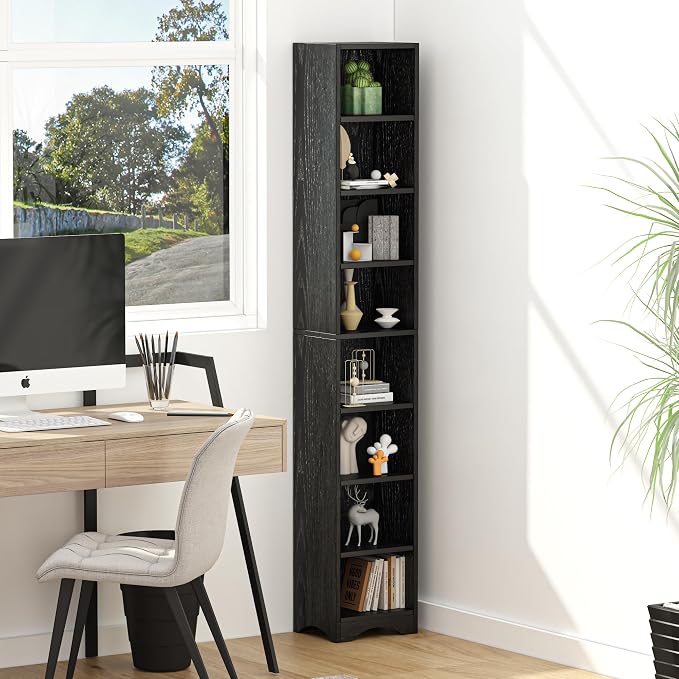 VECELO Tall Open Narrow Bookshelf, 6 Adjustable Movable Shelves, Wood Space Saving Corner Storage Rack for Small Spaces, Sleek Black