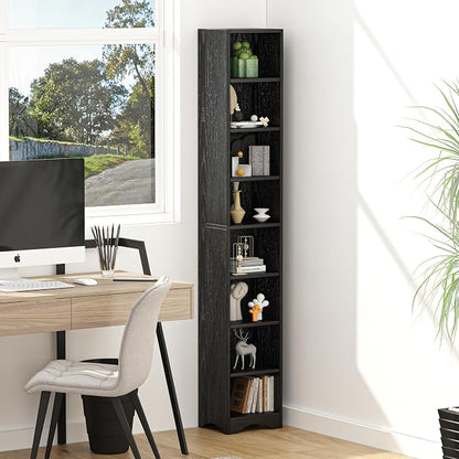 VECELO Tall Open Narrow Bookshelf, 6 Adjustable Movable Shelves, Wood Space Saving Corner Storage Rack for Small Spaces, Sleek Black