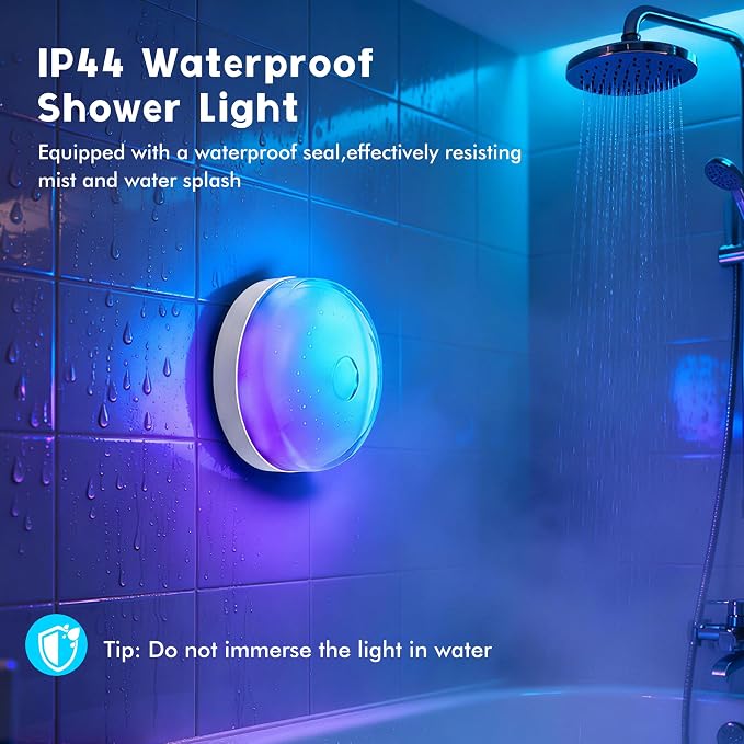 Waterproof Shower Light 4 Pack, 15 Colors Rechargeable LED with Remote | Wireless Shower Light with Dimmable & Timer for Inside Shower, Magnetic LED Ceiling Light for Bathroom Shower Closet Bedroom