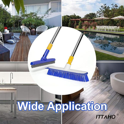 12" Wide Floor Scrub and Grout Brush Set With Long Extendable Handle - Stiff Bristle Heavy Duty Cleaner for Tile, Deck, Garage, Kitchen, Bathroom