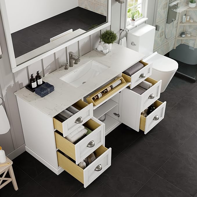Eviva Epic 60 in. SS White Bathroom Vanity with White Carrara Quartz Countertop
