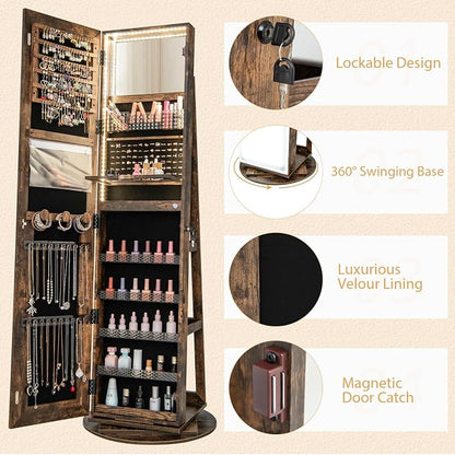 GOFLAME 360° Swivel Jewelry Cabinet Armoire with Full Length Mirror, Standing Jewelry Storage Organizer with Rear Storage Shelves, 3-Color LED Lights, Foldable Shelf, Interior Mirror, Rustic Brown