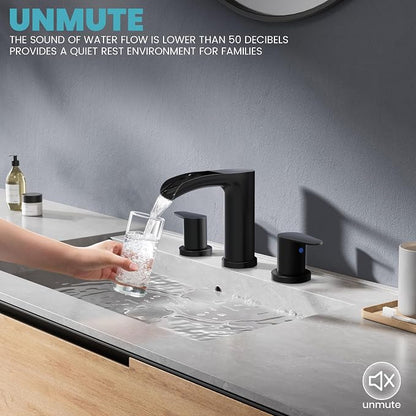 Black Bathroom Faucet - Waterfall Faucets Bathroom 8 Inch, 2 Handles Widespread Vanity Faucets 3 Holes for Lavatory Restroom RV Bathtub with Pop Up Drain & Supply Lines Matte Black