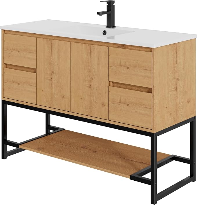 LUCKWIND 48" Modern Bathroom Vanity with Single White Sink Combo, Freestanding Storage Cabinet with Metal Frame, Matte Black Faucet and Open Shelf and 2 Soft-Closing Door, Natural