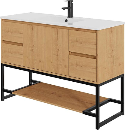 LUCKWIND 48" Modern Bathroom Vanity with Single White Sink Combo, Freestanding Storage Cabinet with Metal Frame, Matte Black Faucet and Open Shelf and 2 Soft-Closing Door, Natural
