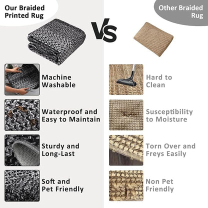 Imitation Braided Collection-Print Long Hallway Runners 2x10 Washable Area Rug, Farmhouse Rustic Bordered Area Rug Non Slip Soft Low Pile Indoor Carpet Runners for Entryways, Laundry Room
